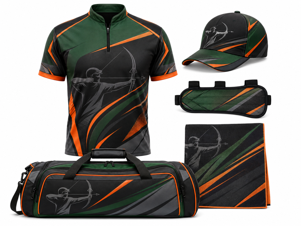 Custom B2B Archery Team Kit  Green Black Orange Jersey,Cap,Arm Guard,Towel & Bag front design preview