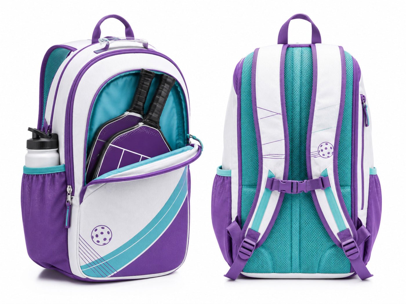 Custom Pickleball Backpack | Wholesale Pickleball Team Bag | White Purple Teal | Apparels Bridge