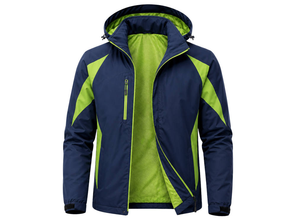Waterproof Hooded Jacket Navy and Lime Green | B2B Low MOQ front design preview
