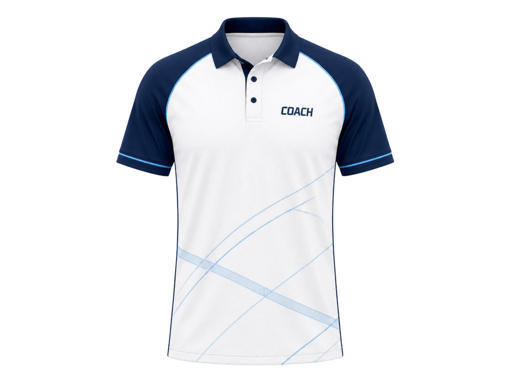 Custom White Tennis Coach Polo – Navy Staff Shirt for Clubs front design preview