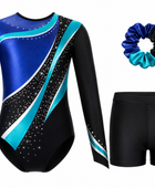 Custom Gymnastics Leotard Set | Wholesale Gym Team Set with Shorts and Scrunchie | Royal Blue Teal Black | Apparels Bridge