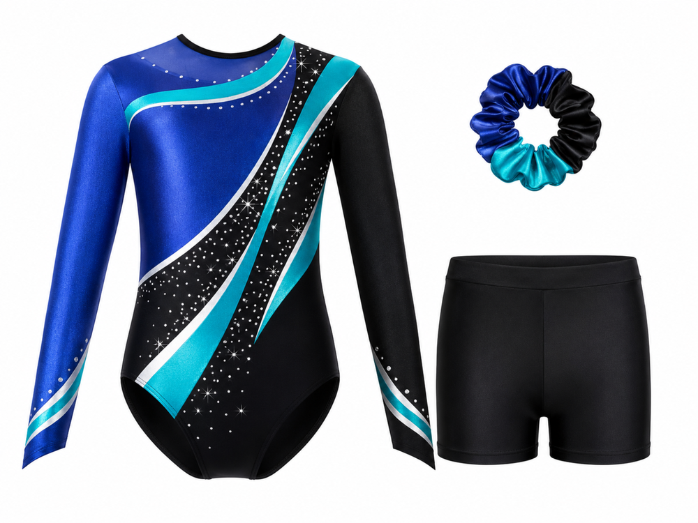 Custom Gymnastics Leotard Set | Wholesale Gym Team Set with Shorts and Scrunchie | Royal Blue Teal Black | Apparels Bridge front design preview