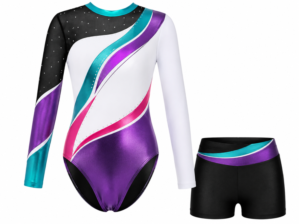 Custom Gymnastics Leotard and Skirt Set | Wholesale Gym Team Set | Black Teal Purple Pink | Apparels Bridge front design preview