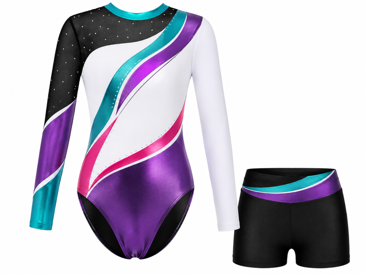 Custom Gymnastics Leotard and Skirt Set | Wholesale Gym Team Set | Black Teal Purple Pink | Apparels Bridge