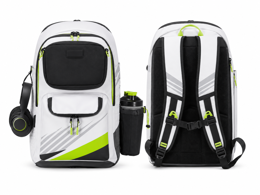 Custom Powerlifting Gym Backpack | Wholesale Strength Training Gear Bag | White Black Lime Green | Apparels Bridge front design preview
