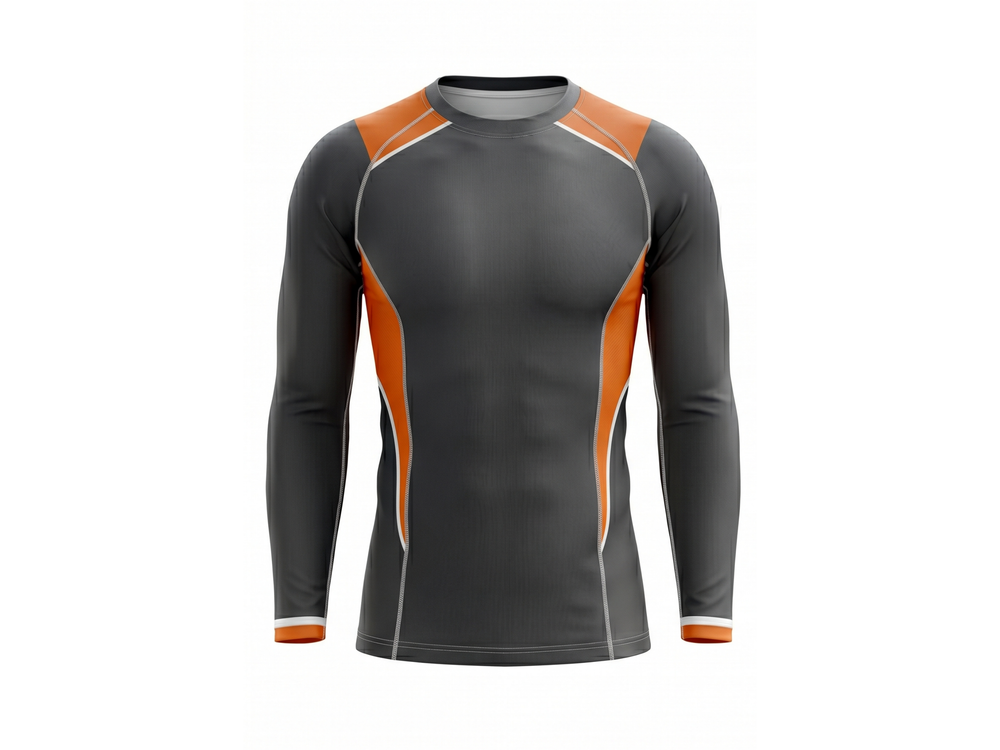 B2B MMA Rash Guard Full Sleeve Charcoal Orange Combat Teamwear for Wholesale Buyers front design preview