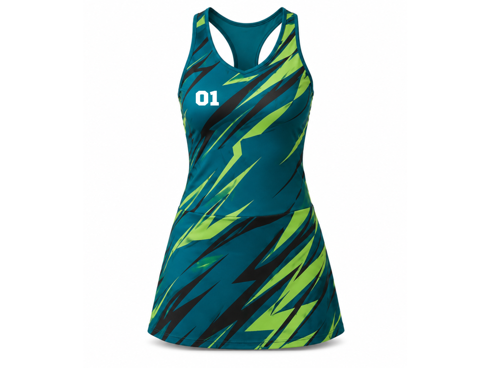 Custom Green Tennis Dress – Lime Navy Sleeveless Team Dress front design preview