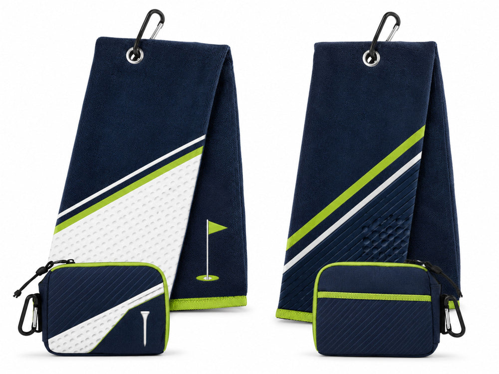 Wholesale Golf Towel Navy White Lime Gre Tri-Fold Golf Towel with Carabiner Clip B2B front design preview