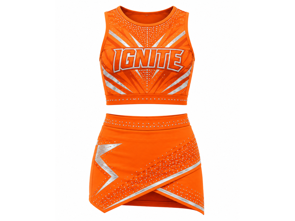 Custom Orange Competition Cheer Uniform – Sleeveless Crop Top & Skirt Set front design preview