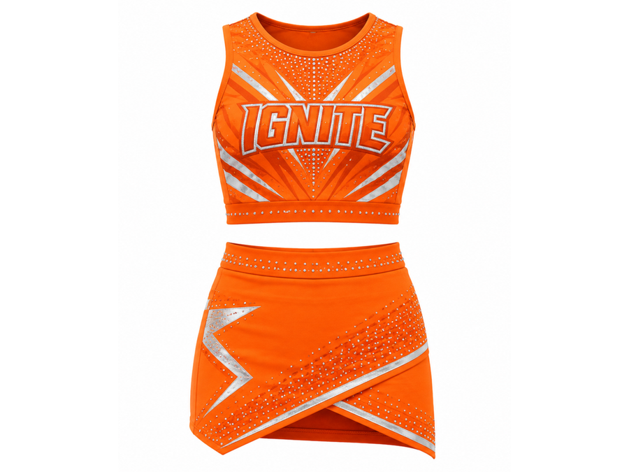 Custom Orange Competition Cheer Uniform – Sleeveless Crop Top & Skirt Set design preview