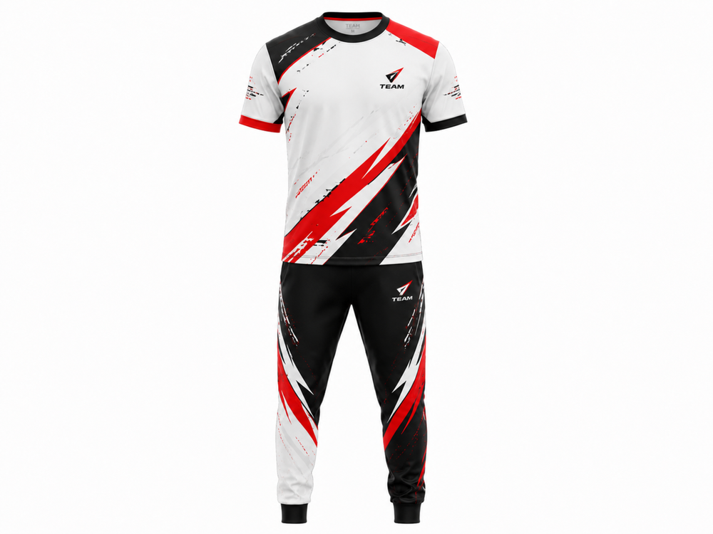 Custom Esports Team Uniform Wholesale Gaming Jersey and Pants Set White Black Red Apparels Bridge front design preview