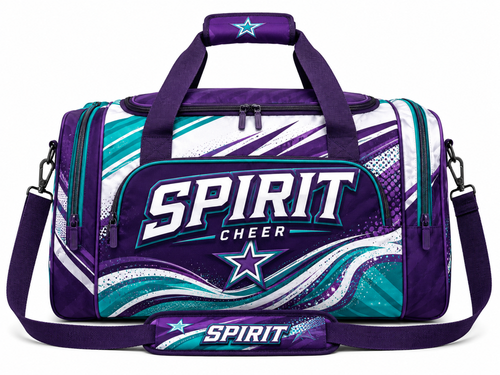 Custom Purple Teal Cheer Duffle Bag – Wholesale Spirit Team Gear Bag front design preview