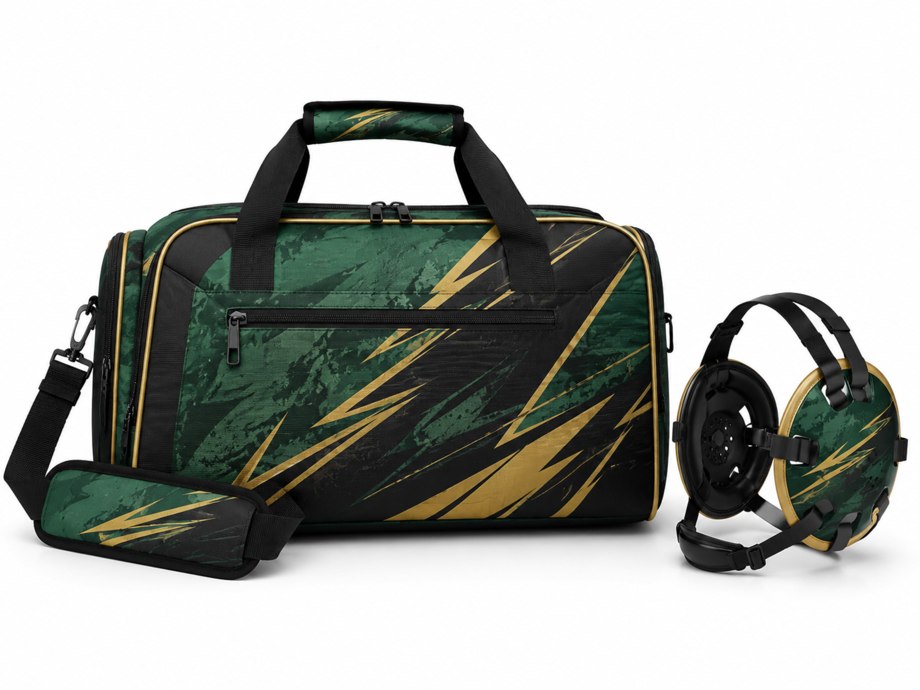 Custom Wrestling Team Bag and Headgear Bag Set | Wholesale Wrestling Gear Bundle | Forest Green Black Gold | Apparels Bridge