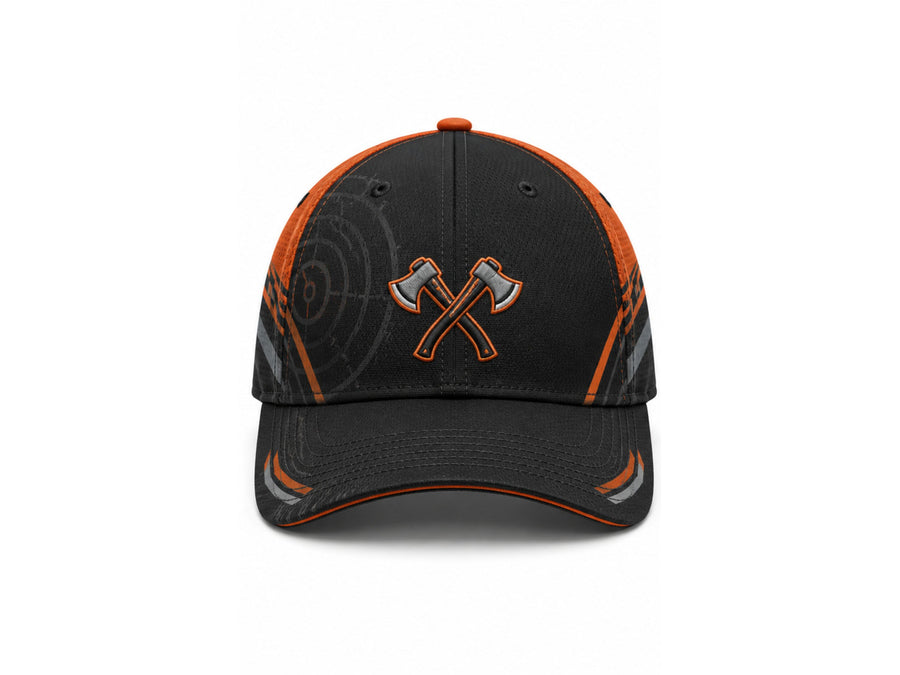 Axe Throwing Cap – Black Orange Target Design Custom Team Hat | Wholesale design preview