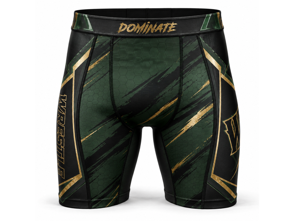 Custom Wrestling Compression Shorts | Wholesale Wrestling Team Shorts | Forest Green Gold | Apparels Bridge front design preview