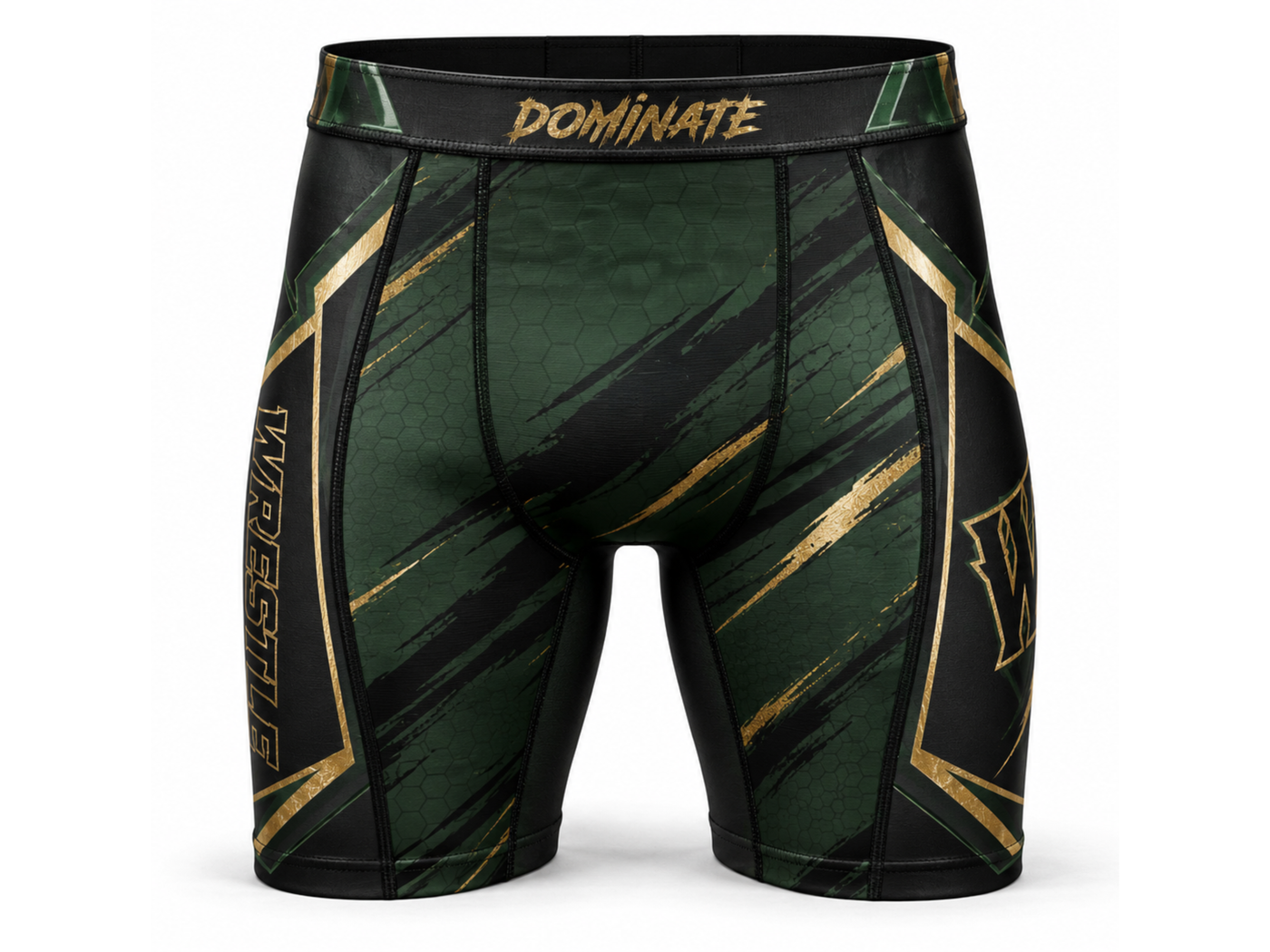 Custom Wrestling Compression Shorts | Wholesale Wrestling Team Shorts | Forest Green Gold | Apparels Bridge