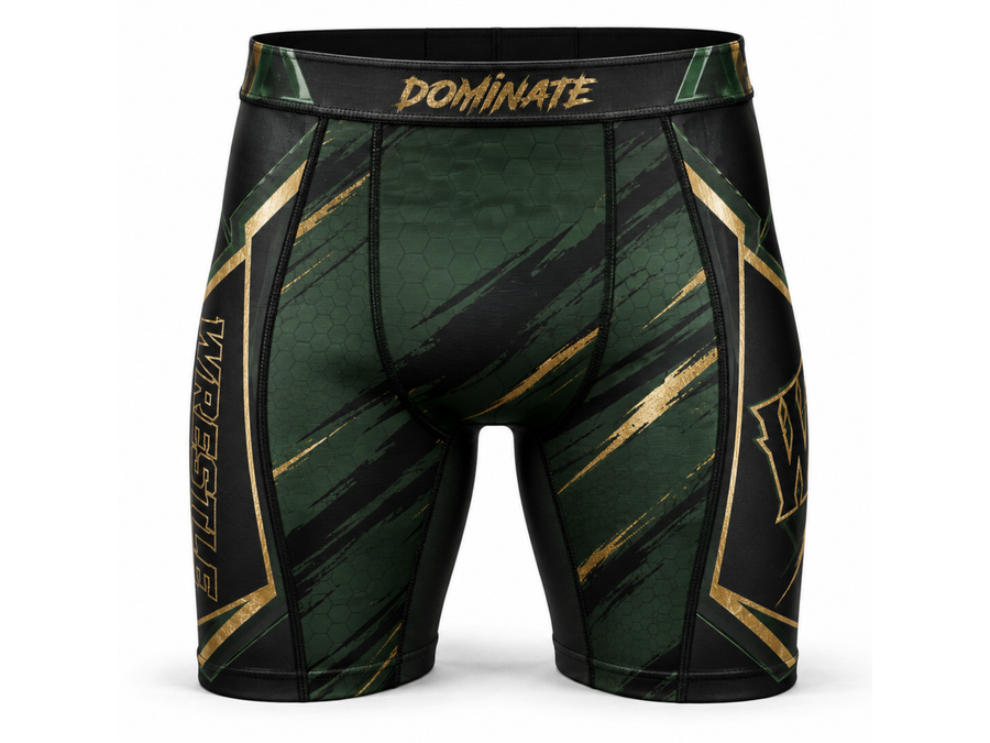 Custom Wrestling Compression Shorts | Wholesale Wrestling Team Shorts | Forest Green Gold | Apparels Bridge design preview