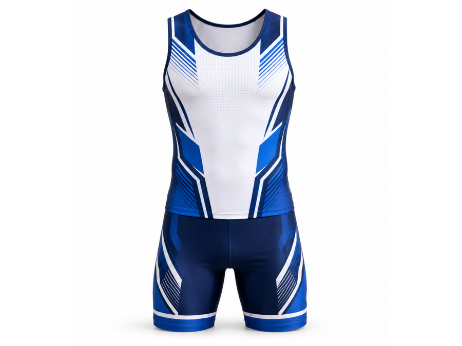 Custom Wrestling Singlet | Wholesale Two Piece Wrestling Uniform | White Blue Black | Apparels Bridge design preview