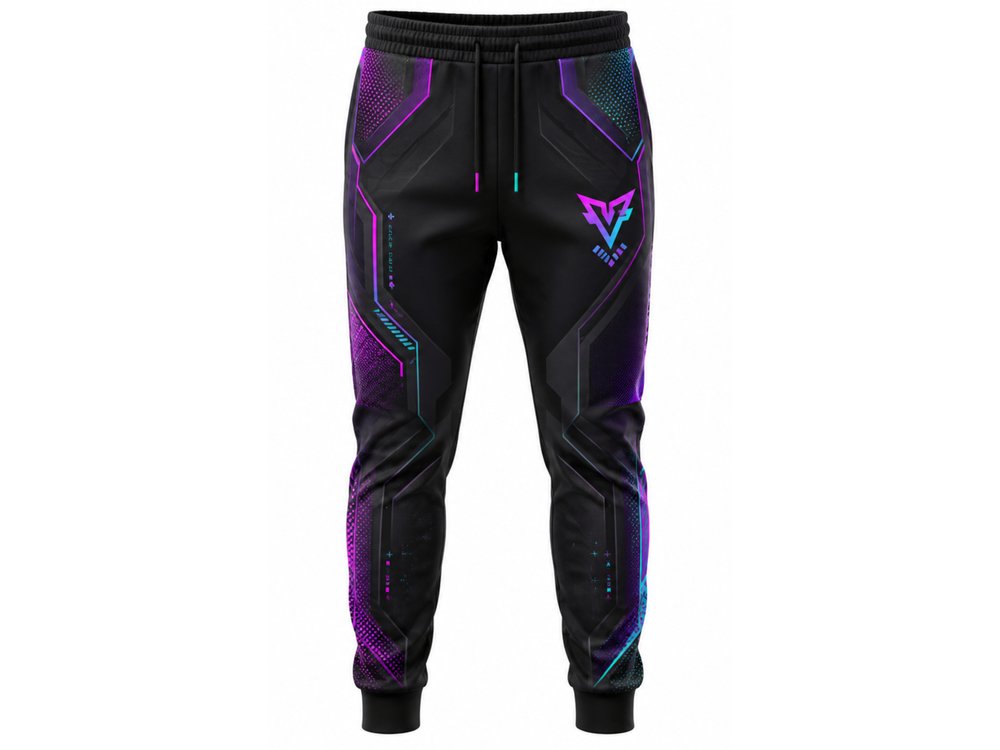 Custom Esports Jogger Pants | Wholesale Gaming Team Joggers | Black Purple Blue | Apparels Bridge front design preview