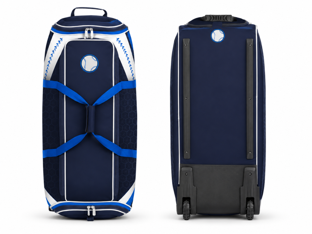 Custom Navy Blue Baseball Rolling Backpack | Wholesale Team Gear Bag for Bulk Orders front design preview