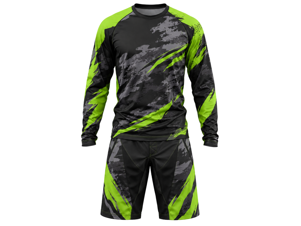 Custom MTB Jersey and Shorts Set | Wholesale Mountain Bike Team Kit | Black Lime Green Grey | Apparels Bridge front design preview