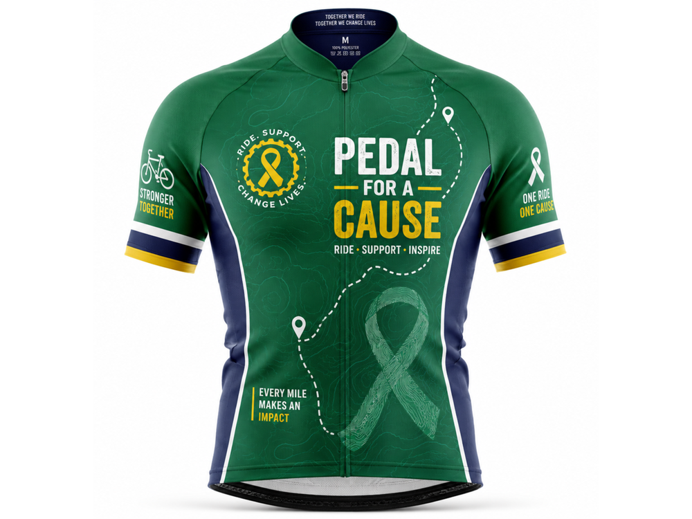 Custom Pedal for a Cause Cycling Jersey | Wholesale Charity Event Bike Jersey | Green Navy | Apparels Bridge front design preview