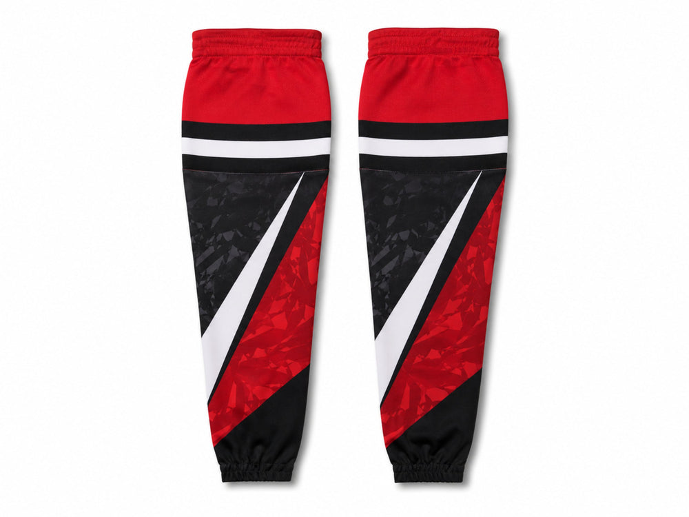 Custom Ice Hockey Socks – Black White Red Sublimated Team Hockey Socks for Wholesale Orders front design preview