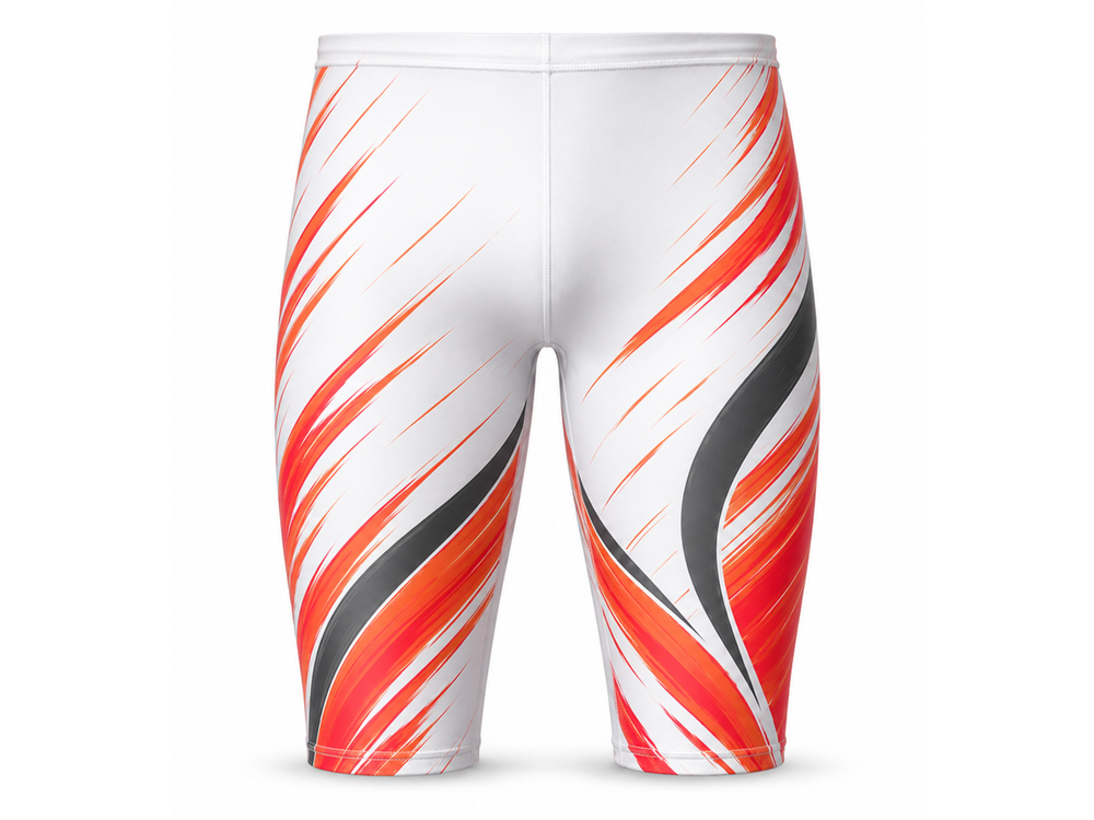 Custom Men’s Swim Jammer – White Orange Wholesale Swim Team Shorts front design preview