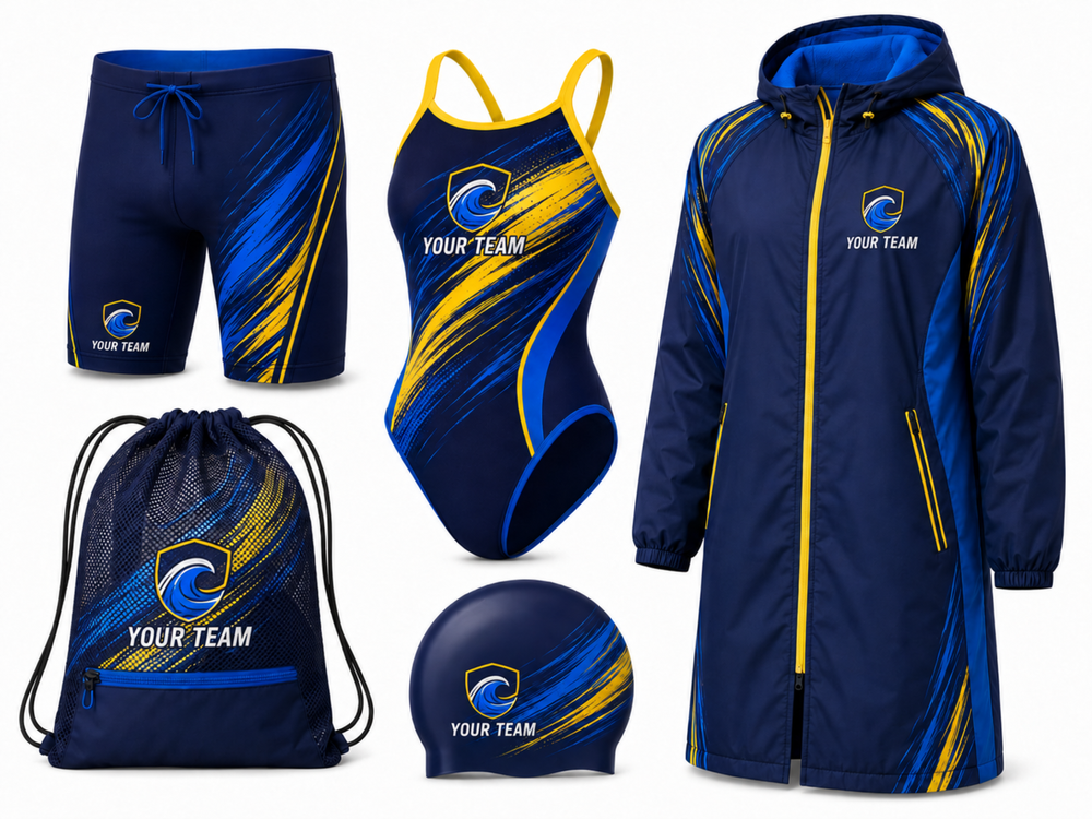 Custom Full Swim Team Package – Navy Yellow Wholesale Swim Kit front design preview