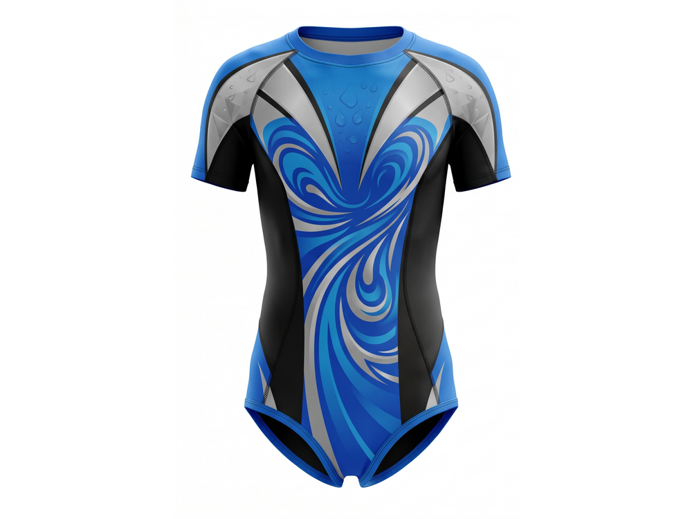 Custom Swim Team Suit – Blue Black Short Sleeve Wholesale Swimwear front design preview