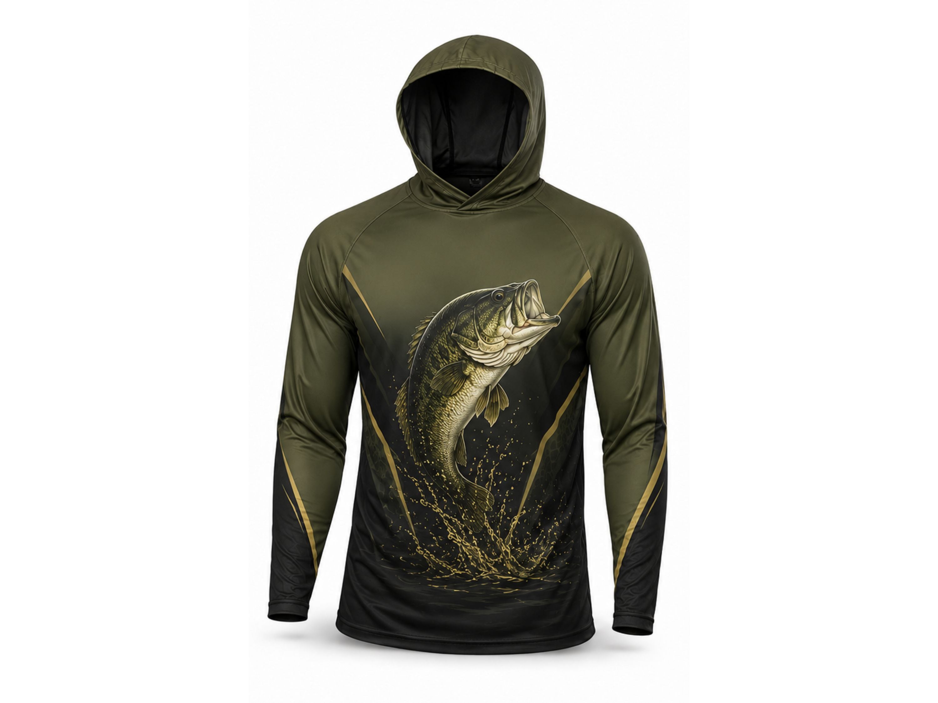 Custom Fishing Hoodie | Wholesale Performance Fishing Hoodie | Olive Green Black Bass | Apparels Bridge