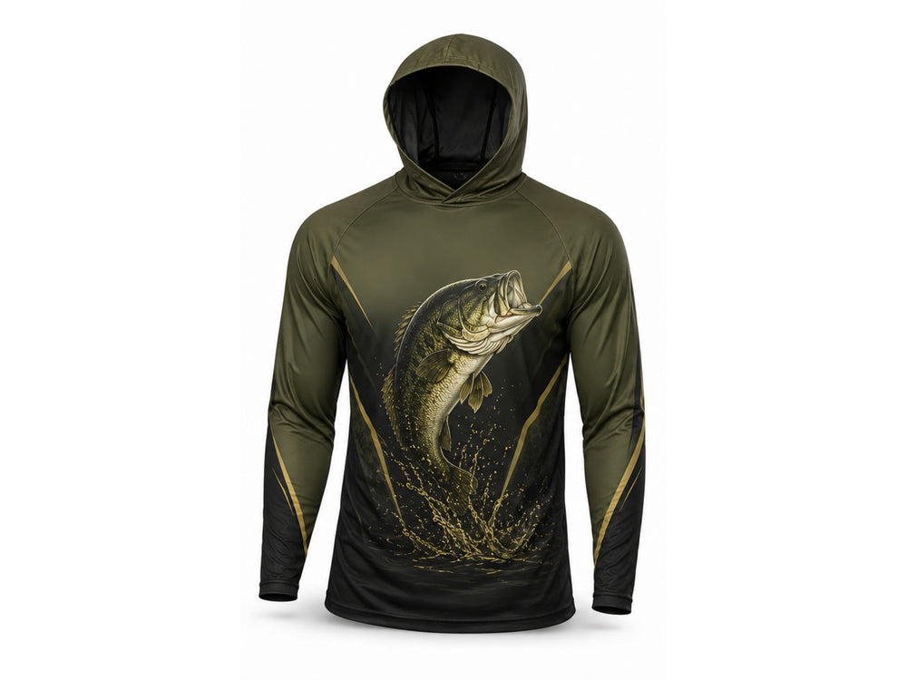 Custom Fishing Hoodie | Wholesale Performance Fishing Hoodie | Olive Green Black Bass | Apparels Bridge front design preview