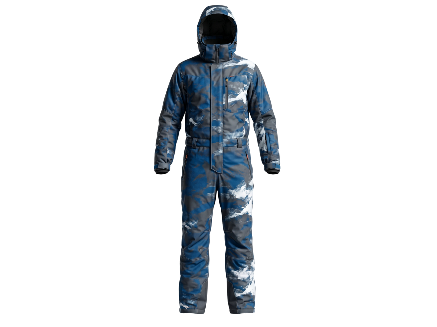 B2B Hooded One-Piece Ski Suit Blue Grey Snow Camo Low MOQ Ski Wear Manufacturer