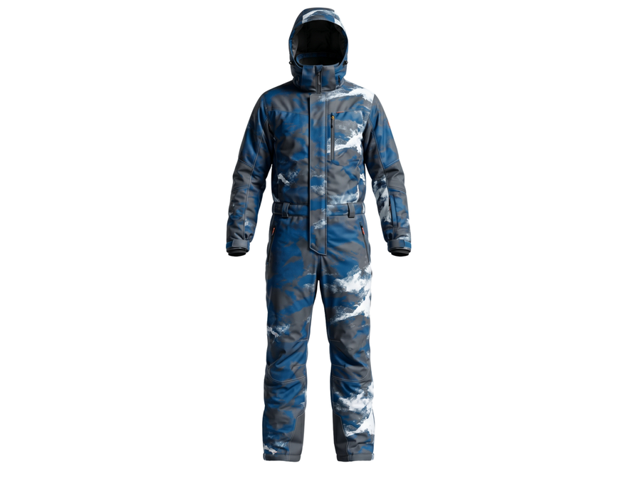 B2B Hooded One-Piece Ski Suit Blue Grey Snow Camo Low MOQ Ski Wear Manufacturer