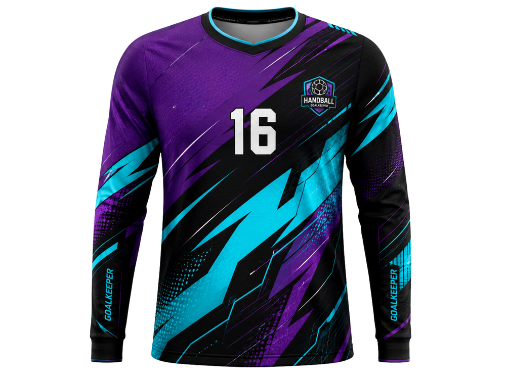B2B Handball Goalkeeper Jersey Purple Teal Long Sleeve Teamwear Wholesale front design preview