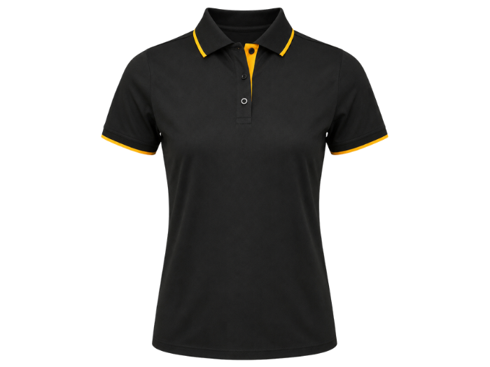 Ladies Contrast Pique Polo Shirt Black and Yellow | B2B Low MOQ Hospitality Workwear Manufacturer front design preview