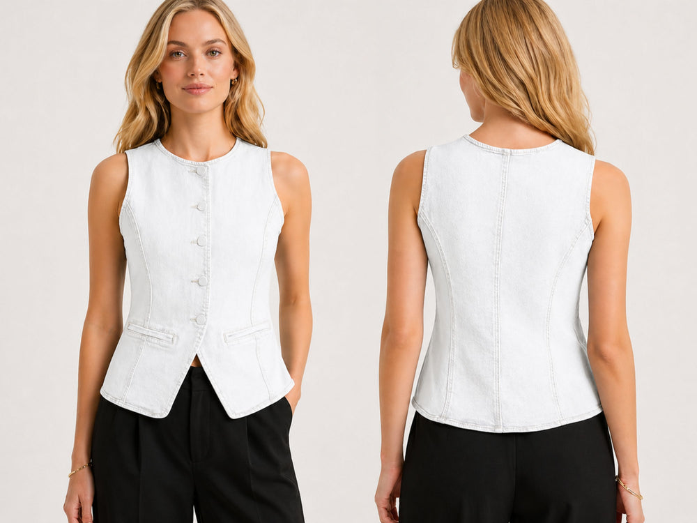 Wholesale Custom White Denim Vest Manufacturer Private Label Sleeveless Jean Waistcoat front design preview