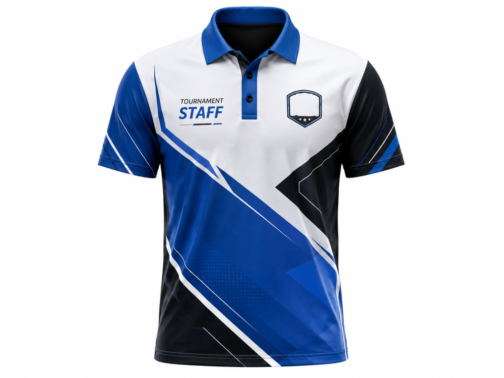 Custom Esports Tournament Staff Polo Shirt | Wholesale Gaming Event Staff Shirt | Blue White Black | Apparels Bridge front design preview