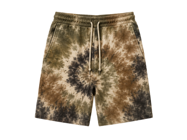 Tie Dye Drawstring Shorts Olive Brown Beige and Black Spiral Design | B2B Low MOQ