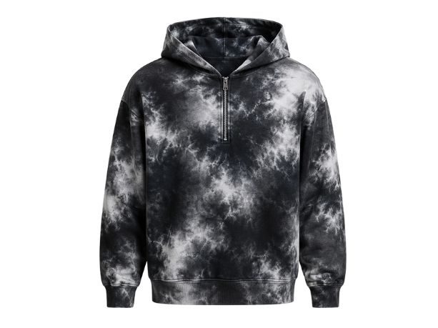 Tie Dye Half Zip Hoodie Black Grey and White All Over Design | B2B Low MOQ