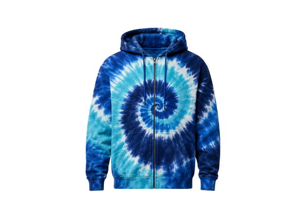 Tie Dye Full Zip Hoodie Blue Aqua and White Spiral Design | B2B Low MOQ