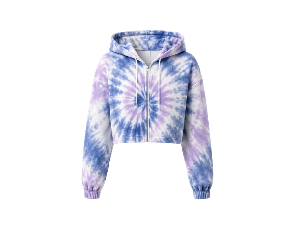 Tie Dye Cropped Pullover Hoodie Lavender Blue and White Spiral Design | B2B Low MOQ