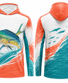 Custom Fishing Sun Hoodie | Wholesale Sun Protection Fishing Shirt | White Orange Teal Mahi-Mahi | Apparels Bridge