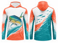 Custom Fishing Sun Hoodie | Wholesale Sun Protection Fishing Shirt | White Orange Teal Mahi-Mahi | Apparels Bridge