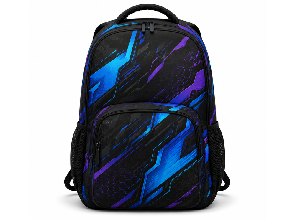 Custom Esports Gaming Backpack | Wholesale Gaming Team Bag | Black Blue Purple | Apparels Bridge front design preview