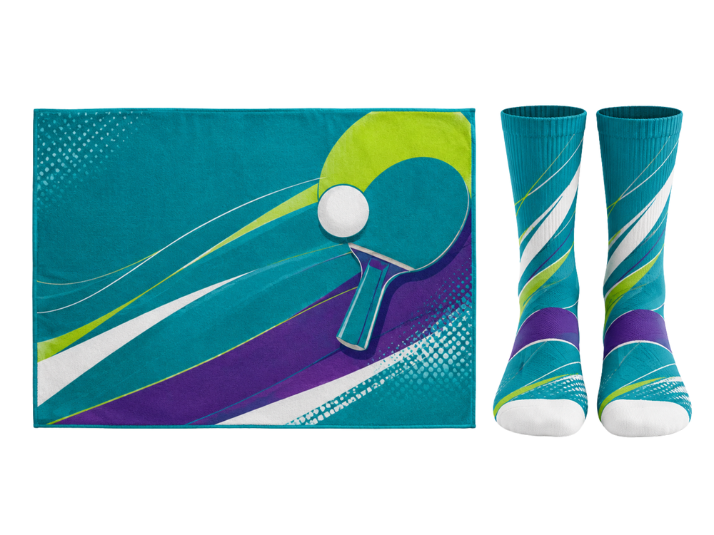 Custom ping pongTowel and Socks Set – Teal Purple Ping Pong Accessories for Wholesale Buyers front design preview