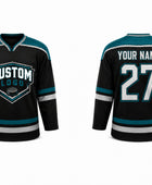 Custom Home Away Ice Hockey Jersey – Black Teal White Sublimated Team Hockey Jersey Wholesale