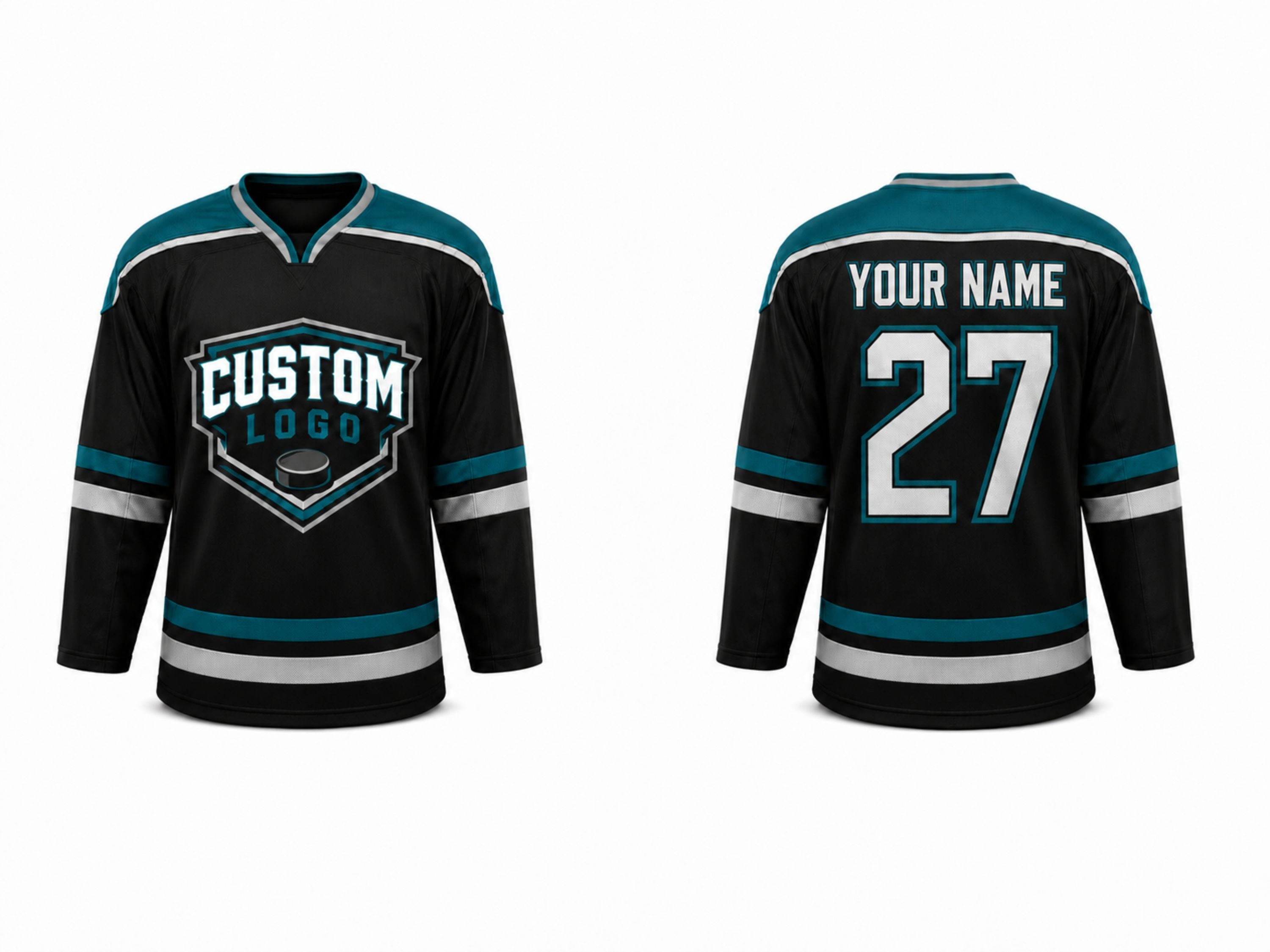 Custom Home Away Ice Hockey Jersey – Black Teal White Sublimated Team Hockey Jersey Wholesale