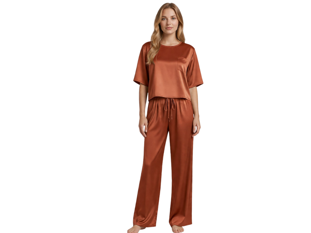 Wholesale Cinnamon Satin T-Shirt Pajama Set, Custom Sleepwear Manufacturer for Private Label Boutique Brands front design preview