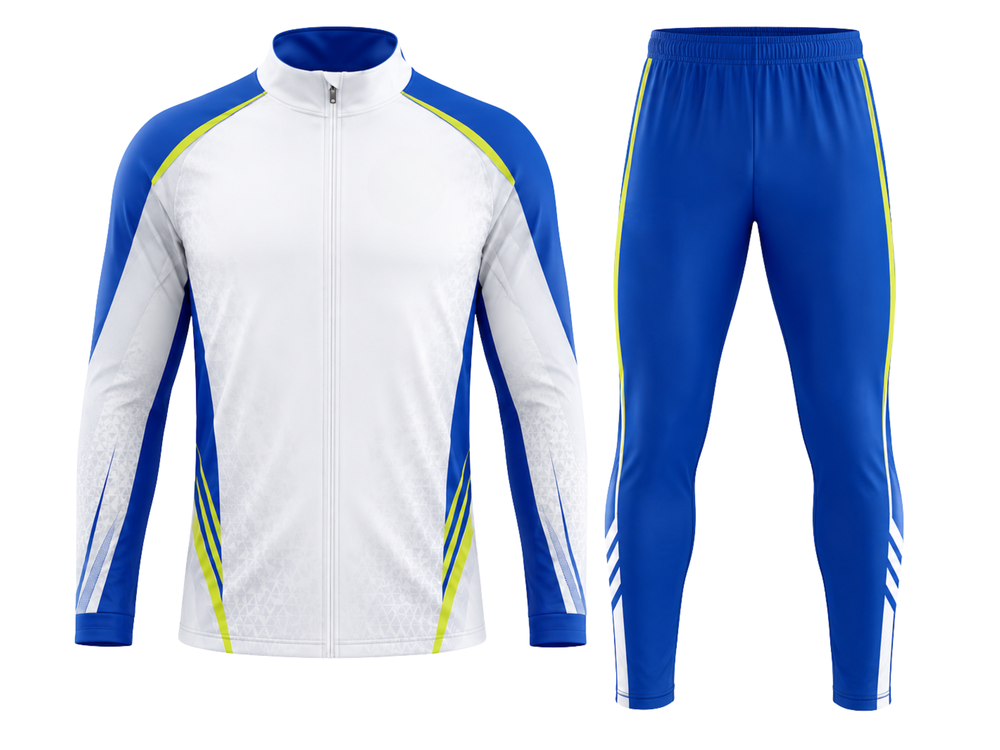 Custom White Blue Soccer Tracksuit | Wholesale Team Warmup Jacket and Pants Set front design preview